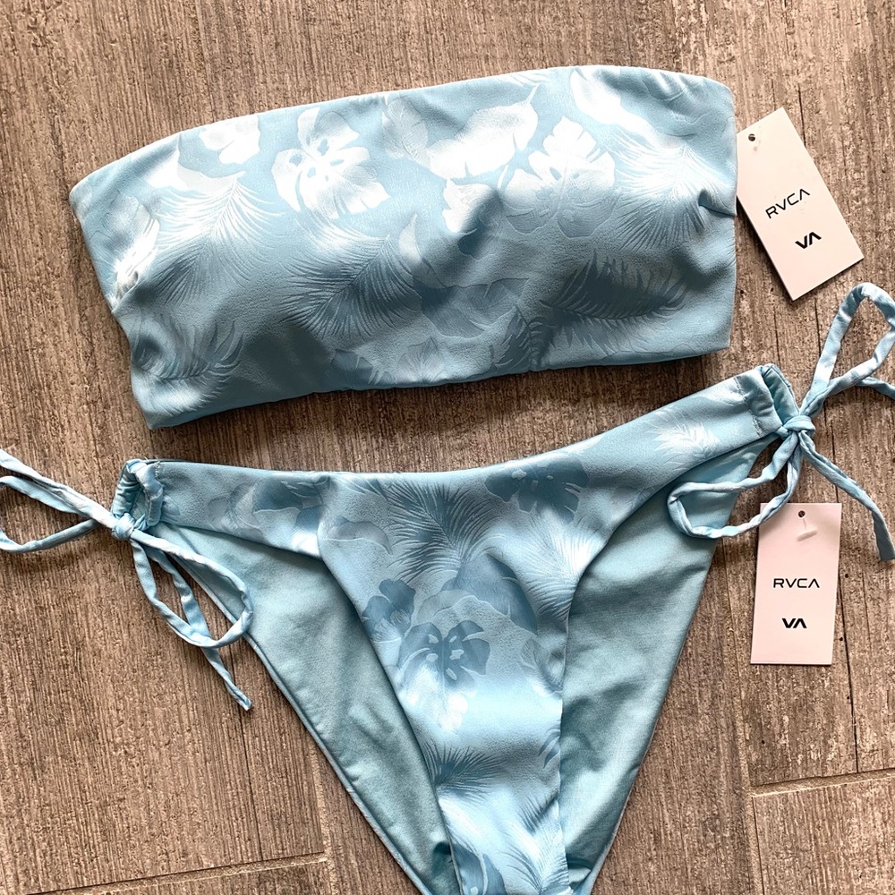 RVCA Light Blue Floral Bandeau Tie-Side Bikini